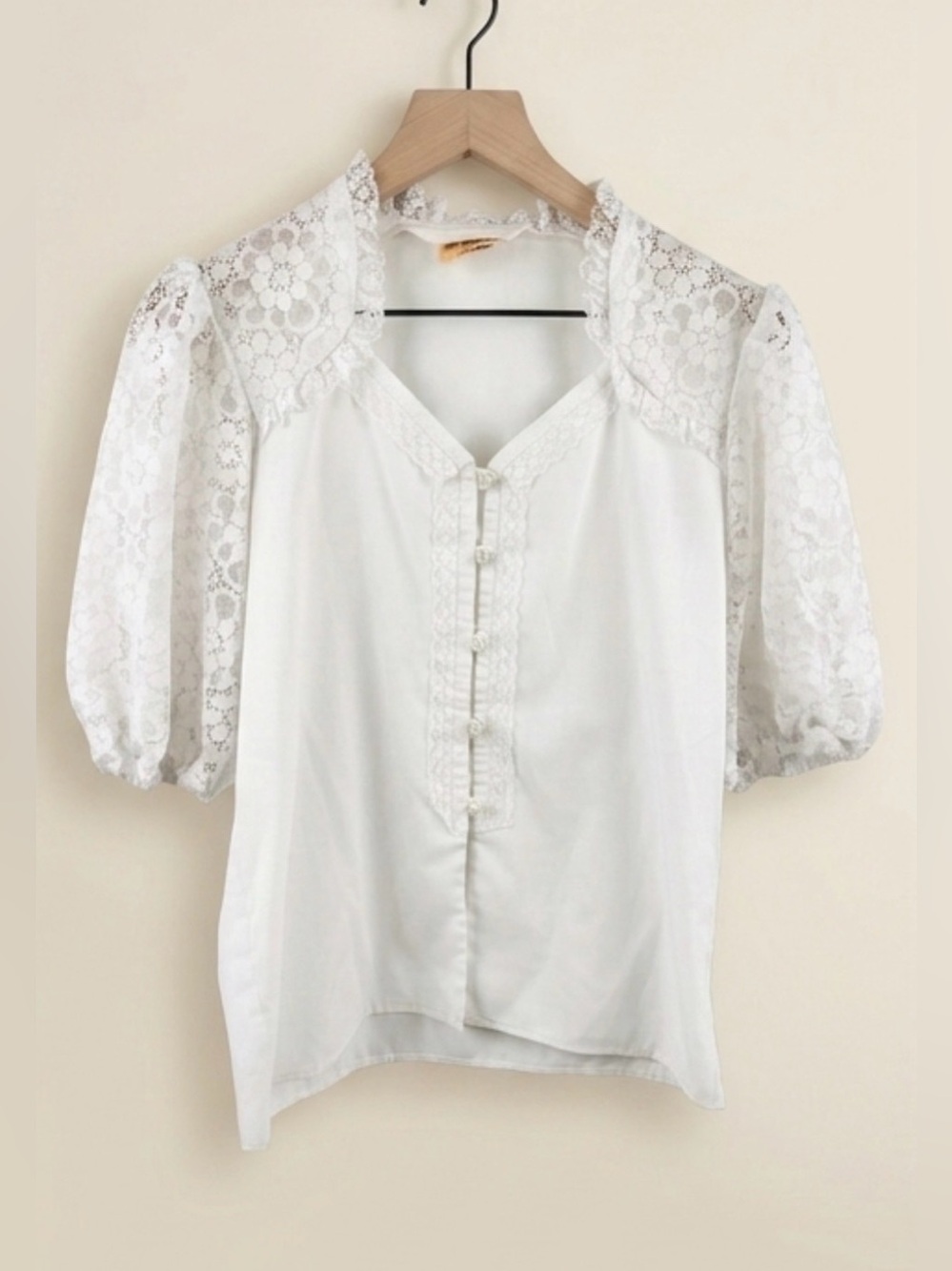 Vintage Jeri Bee White Lace Puff Sleeve Blouse Pearl Buttons Cottagecore S